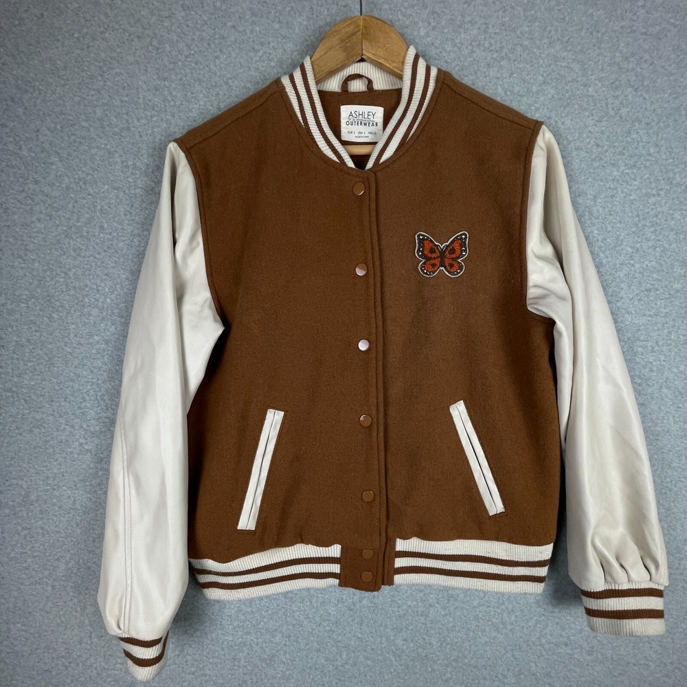 Mushroom Varsity Jacket Women Large Brown Butterfly Cottage Psychedelic Ashley - Picture 2 of 12